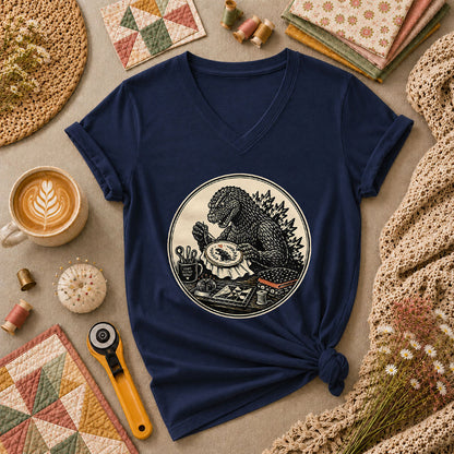 Godzilla Quilter Craft Destroy Repeat Vintage Women's V-Neck - Navy