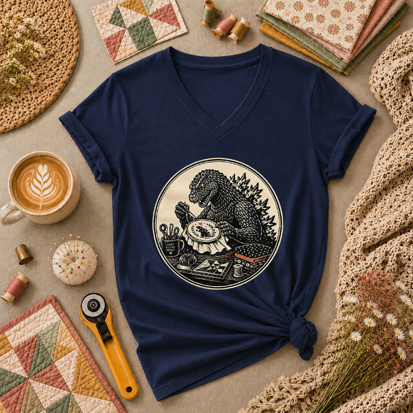 Godzilla Quilter Craft Destroy Repeat Vintage Women's V-Neck - Navy