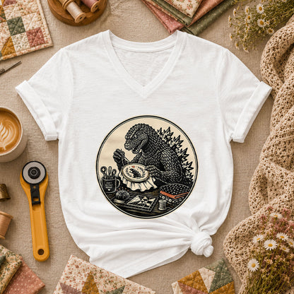 Godzilla Quilter Craft Destroy Repeat Vintage Women's V-Neck - White