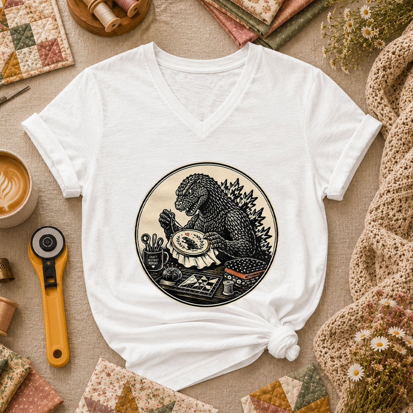 Godzilla Quilter Craft Destroy Repeat Vintage Women's V-Neck - White