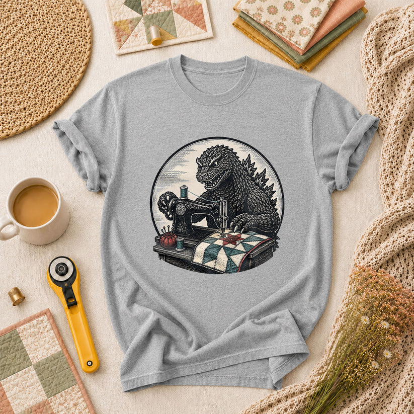 Godzilla Quilter Vintage Sewing Machine Sketch T-Shirt - Athletic Heather