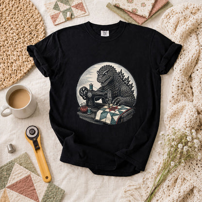 Godzilla Quilter Vintage Sewing Machine Sketch T-Shirt - Black