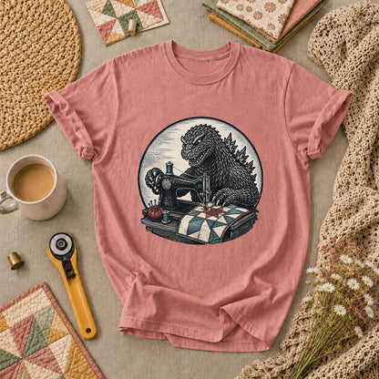 Godzilla Quilter Vintage Sewing Machine Sketch T-Shirt - Heather Mauve