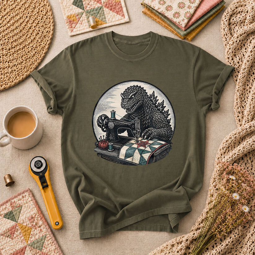 Godzilla Quilter Vintage Sewing Machine Sketch T-Shirt - Military Green