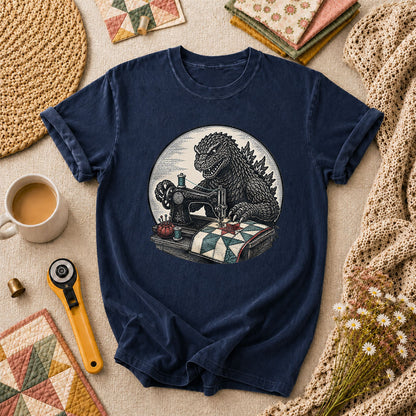 Godzilla Quilter Vintage Sewing Machine Sketch T-Shirt - Navy