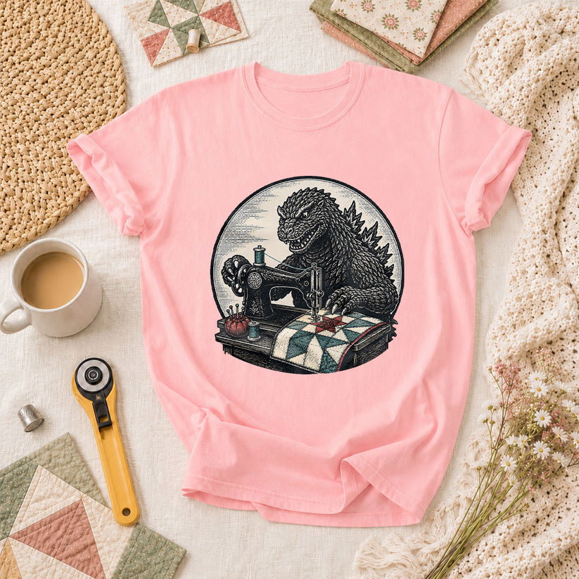 Godzilla Quilter Vintage Sewing Machine Sketch T-Shirt - Pink