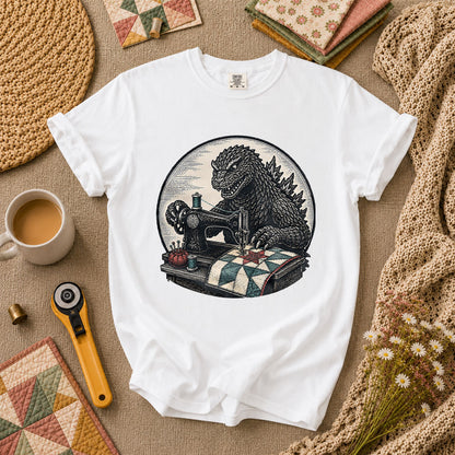 Godzilla Quilter Vintage Sewing Machine Sketch T-Shirt - White