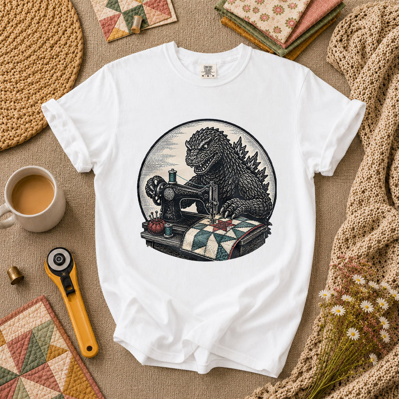 Godzilla Quilter Vintage Sewing Machine Sketch T-Shirt - White