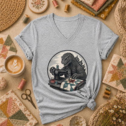 Godzilla Quilter Vintage Sewing Machine Sketch Women's V-Neck - Athletic Heather