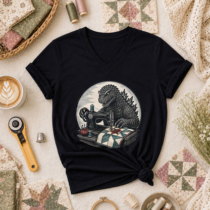 Godzilla Quilter Vintage Sewing Machine Sketch Women's V-Neck - Black