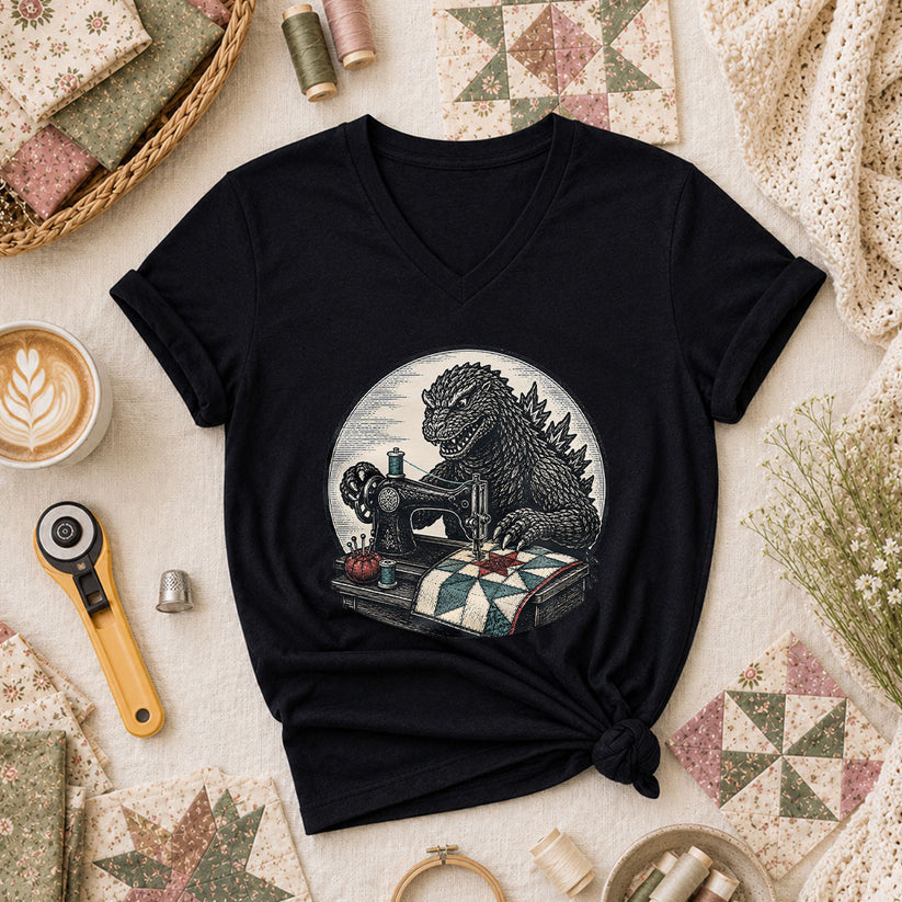 Godzilla Quilter Vintage Sewing Machine Sketch Women's V-Neck - Black