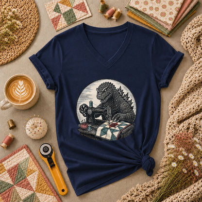 Godzilla Quilter Vintage Sewing Machine Sketch Women's V-Neck - Navy