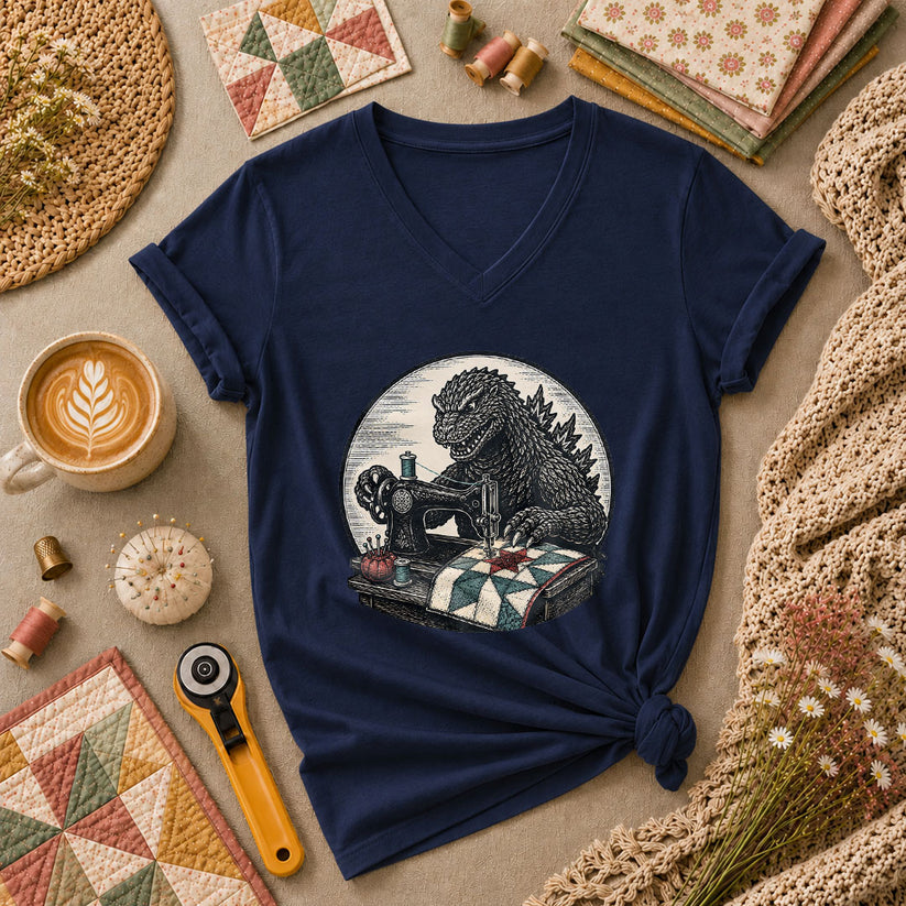 Godzilla Quilter Vintage Sewing Machine Sketch Women's V-Neck - Navy