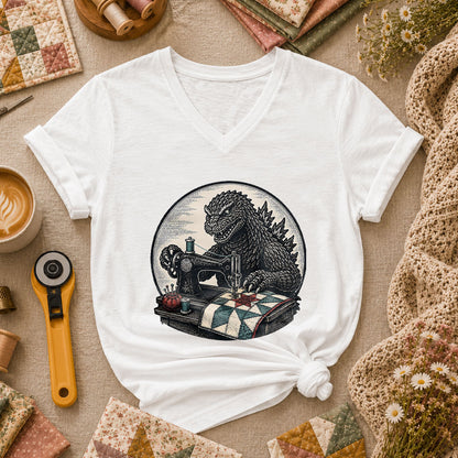 Godzilla Quilter Vintage Sewing Machine Sketch Women's V-Neck - White