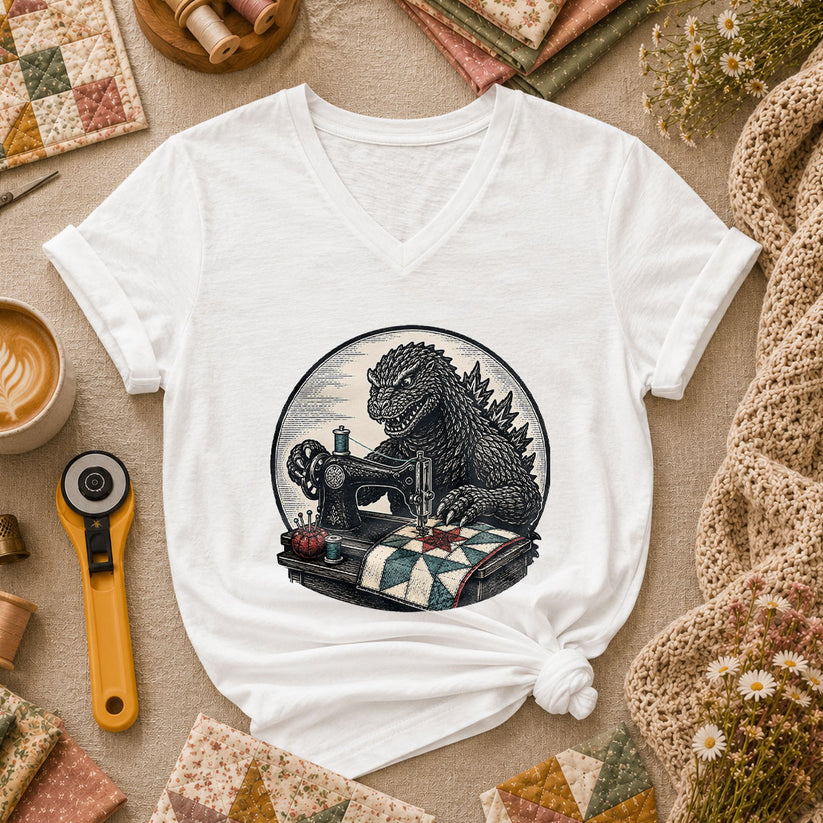 Godzilla Quilter Vintage Sewing Machine Sketch Women's V-Neck - White