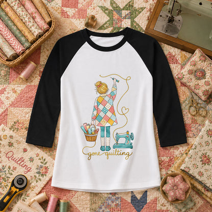 Gone Quilting Girl Patchwork Sewing Machine Raglan Sleeve - Black