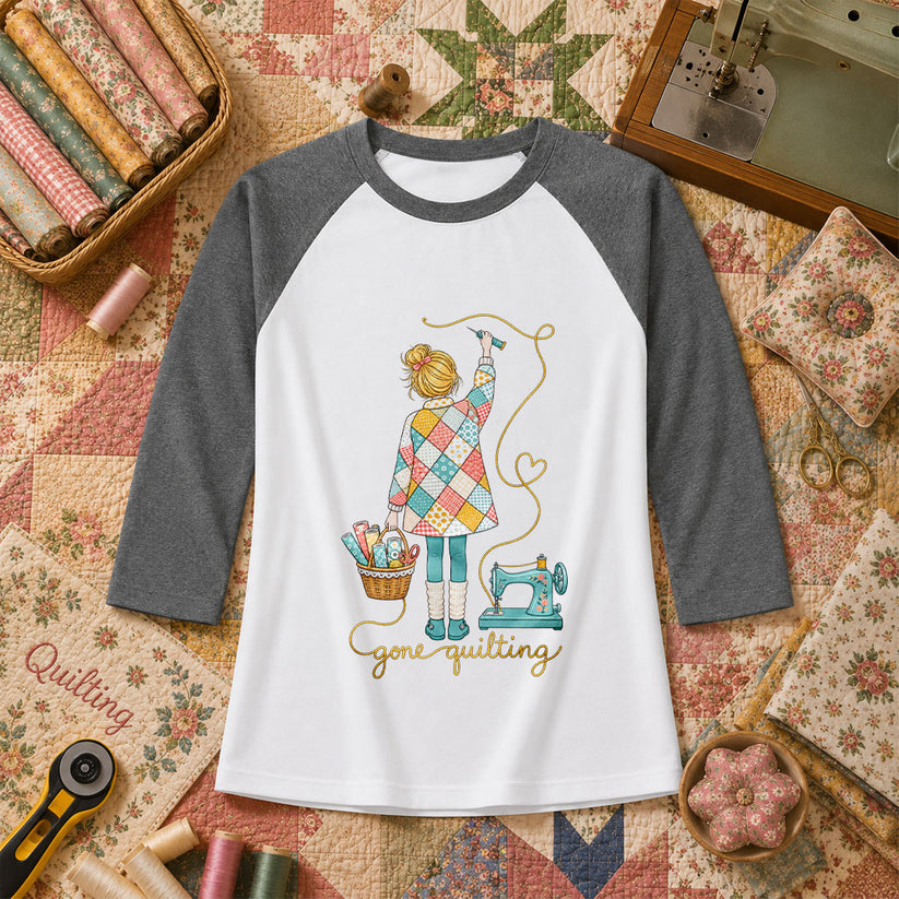 Gone Quilting Girl Patchwork Sewing Machine Raglan Sleeve - Deep Heather