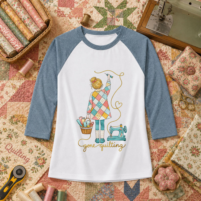 Gone Quilting Girl Patchwork Sewing Machine Raglan Sleeve - Denim