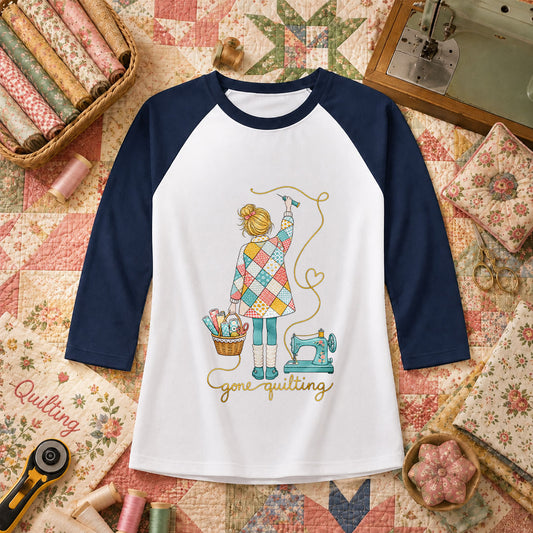 Gone Quilting Girl Patchwork Sewing Machine Raglan Sleeve - Navy