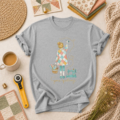 Gone Quilting Girl Patchwork Sewing Machine T-Shirt - Athletic Heather