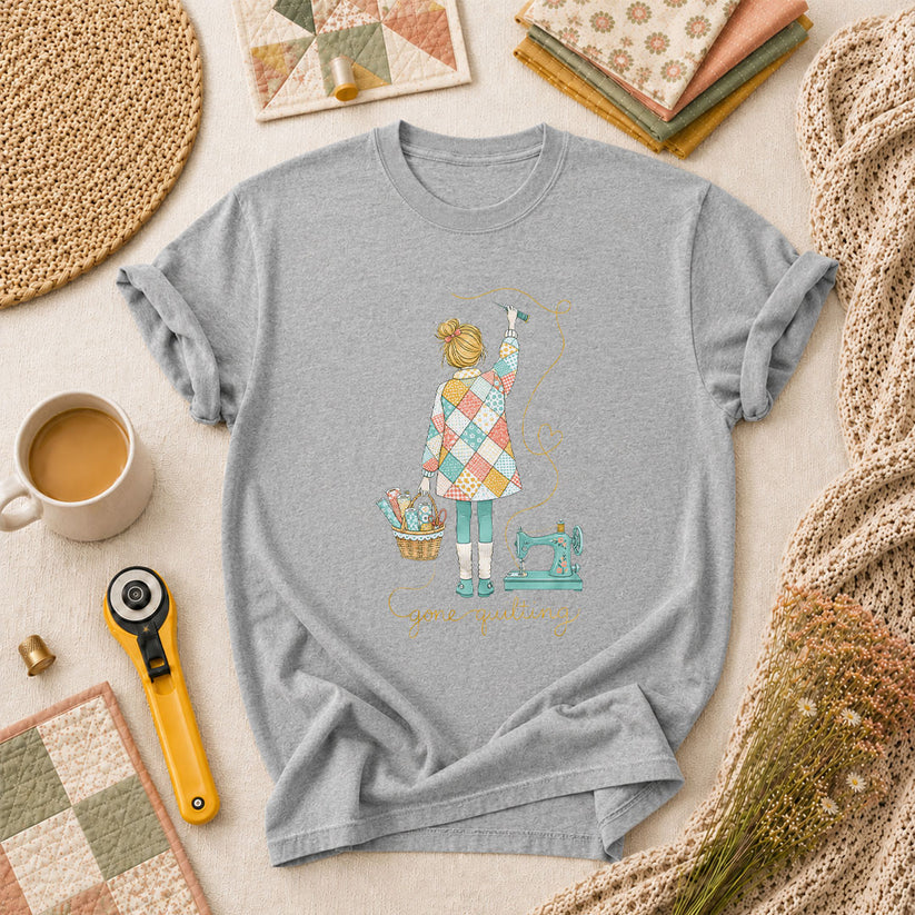 Gone Quilting Girl Patchwork Sewing Machine T-Shirt - Athletic Heather