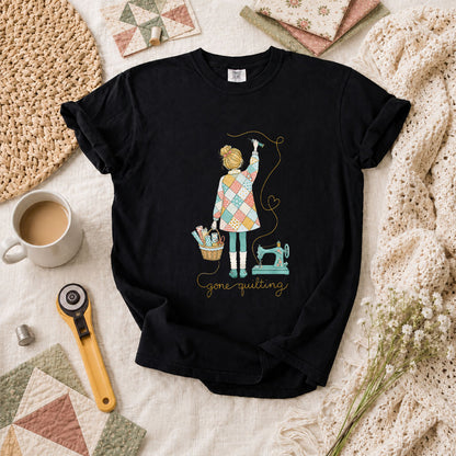 Gone Quilting Girl Patchwork Sewing Machine T-Shirt - Black