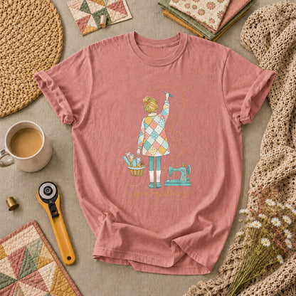 Gone Quilting Girl Patchwork Sewing Machine T-Shirt - Heather Mauve