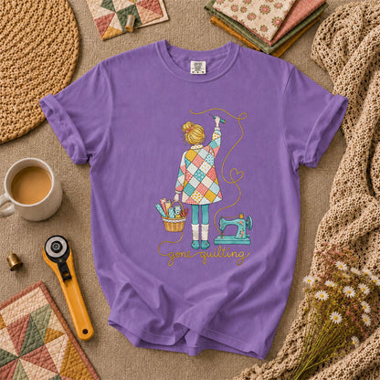 Gone Quilting Girl Patchwork Sewing Machine T-Shirt - Heather Team Purple