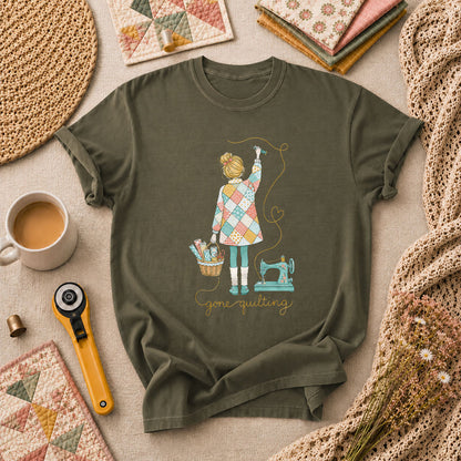 Gone Quilting Girl Patchwork Sewing Machine T-Shirt - Military Green
