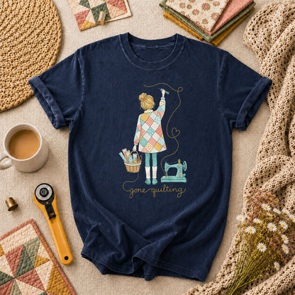 Gone Quilting Girl Patchwork Sewing Machine T-Shirt - Navy