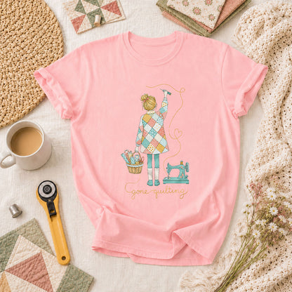Gone Quilting Girl Patchwork Sewing Machine T-Shirt - Pink