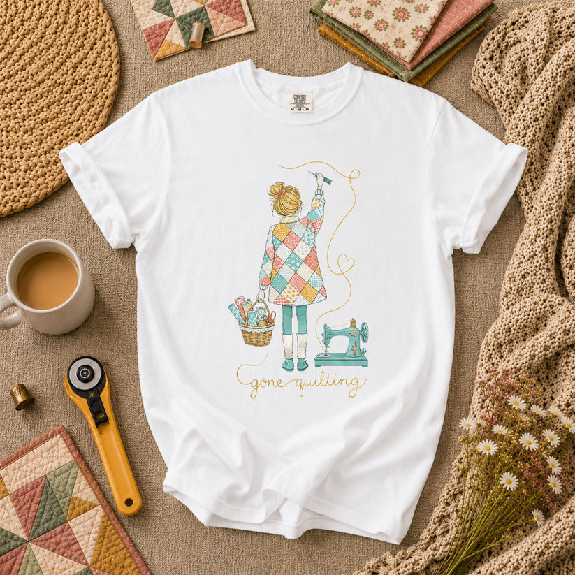 Gone Quilting Girl Patchwork Sewing Machine T-Shirt - White