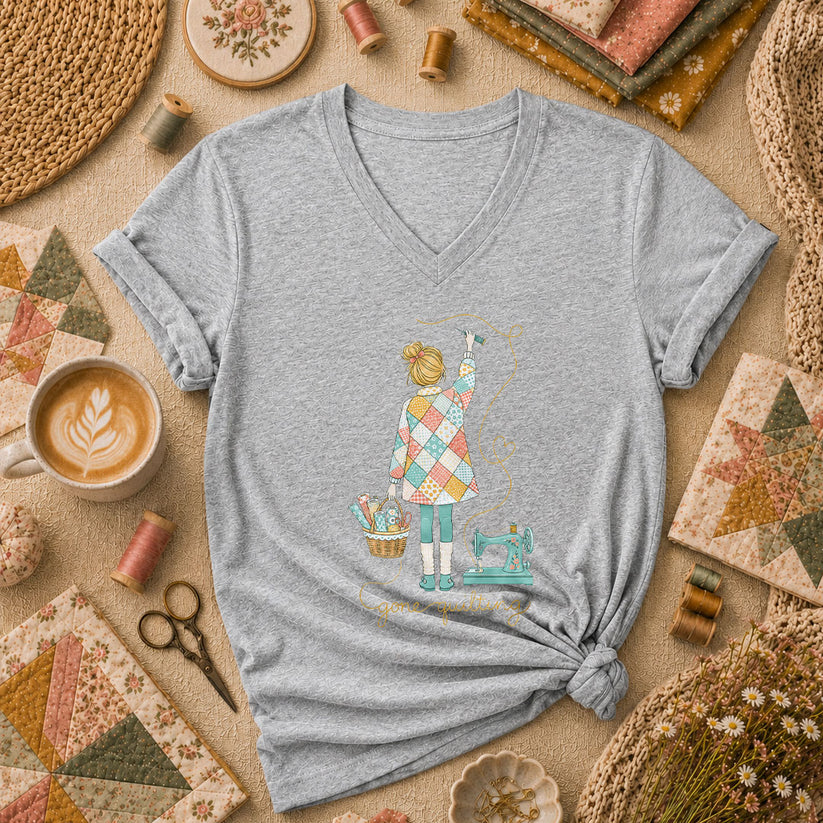 Gone Quilting Girl Patchwork Sewing Machine Women's V-Neck - Athletic Heather