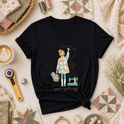 Gone Quilting Girl Patchwork Sewing Machine Women's V-Neck - Black