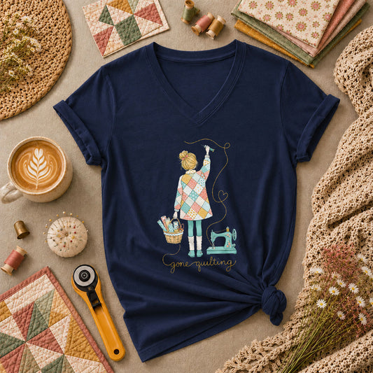 Gone Quilting Girl Patchwork Sewing Machine Women's V-Neck - Navy