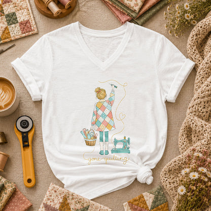 Gone Quilting Girl Patchwork Sewing Machine Women's V-Neck - White