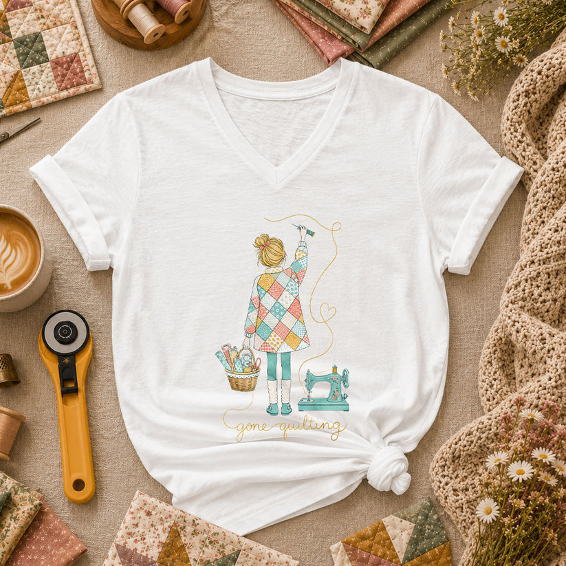 Gone Quilting Girl Patchwork Sewing Machine Women's V-Neck - White