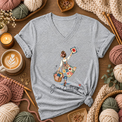 Gone Quilting Girl With Quilt Basket Women's V-Neck - Athletic Heather