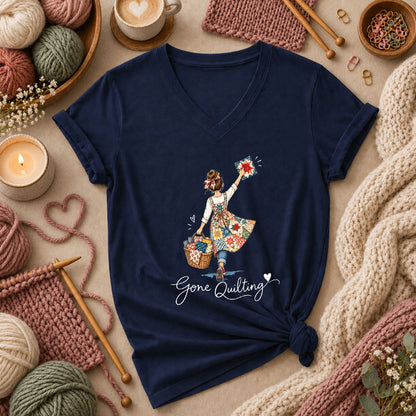 Gone Quilting Girl With Quilt Basket Women's V-Neck - Navy