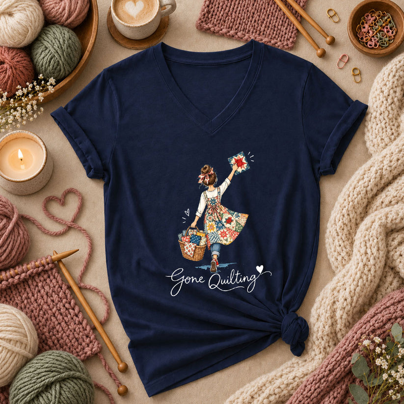 Gone Quilting Girl With Quilt Basket Women's V-Neck - Navy