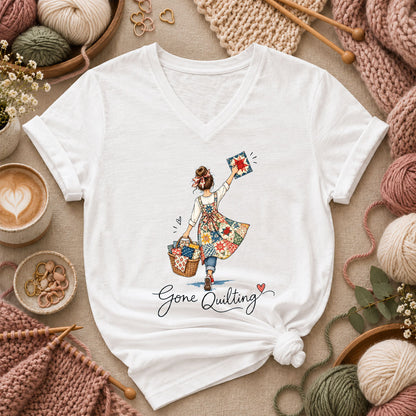 Gone Quilting Girl With Quilt Basket Women's V-Neck - White