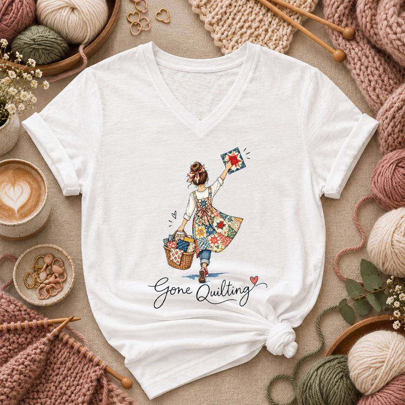 Gone Quilting Girl With Quilt Basket Women's V-Neck - White
