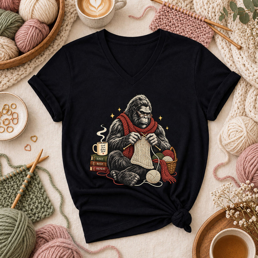 Gorilla Knitter Good Yarn Better Mood Women's V-Neck - Black