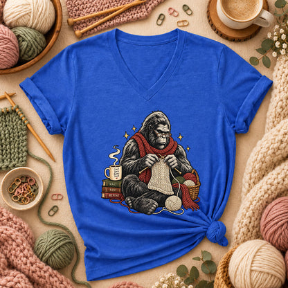 Gorilla Knitter Good Yarn Better Mood Women's V-Neck - Heather True Royal