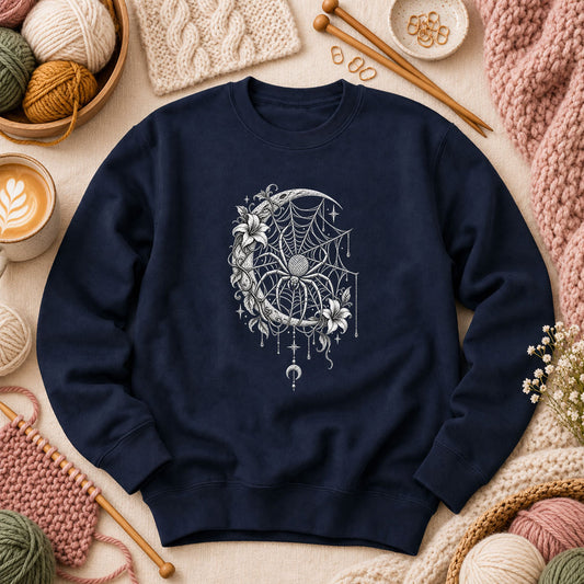 Gothic Spider Web Moon Botanical Long Sleeve - Navy