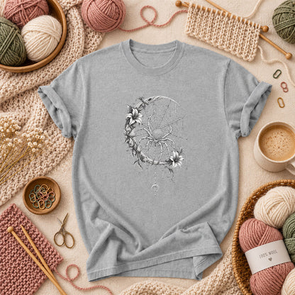 Gothic Spider Web Moon Botanical T-Shirt - Athletic Heather