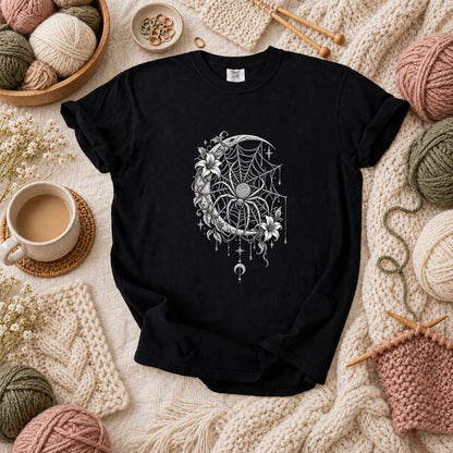 Gothic Spider Web Moon Botanical T-Shirt - Black