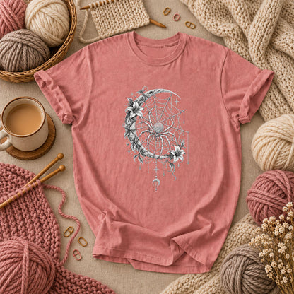 Gothic Spider Web Moon Botanical T-Shirt - Heather Mauve