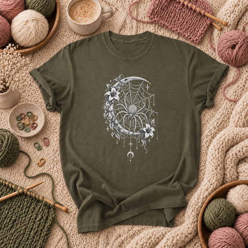 Gothic Spider Web Moon Botanical T-Shirt - Military Green