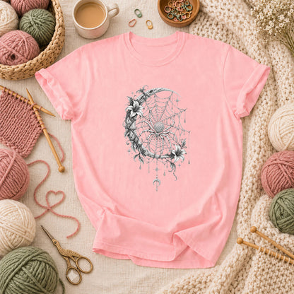 Gothic Spider Web Moon Botanical T-Shirt - Pink